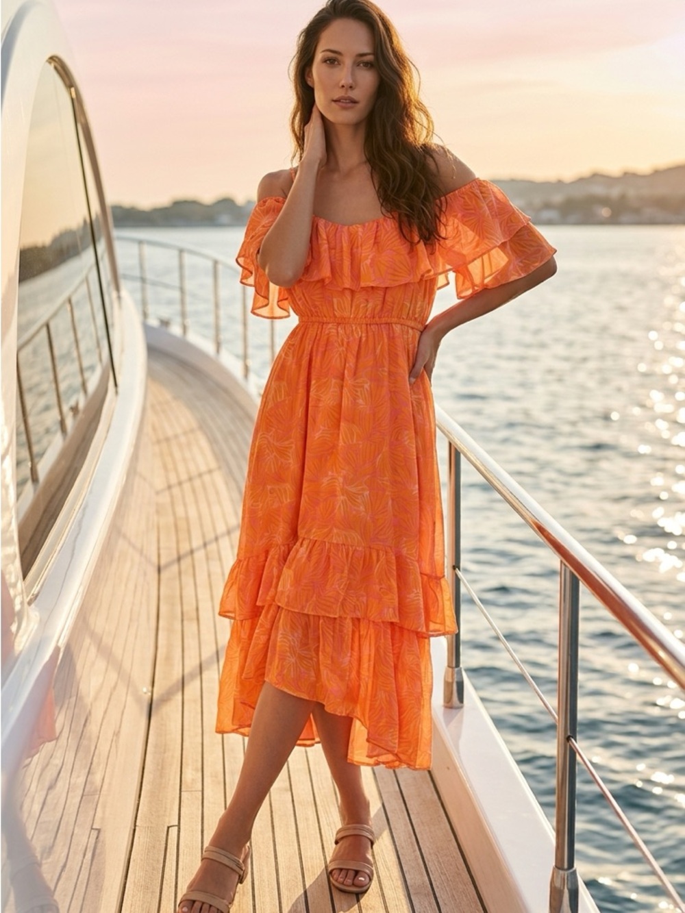 Marissa Olivia Sunset Ruffle Off-Shoulder Maxi Dress in Orange
